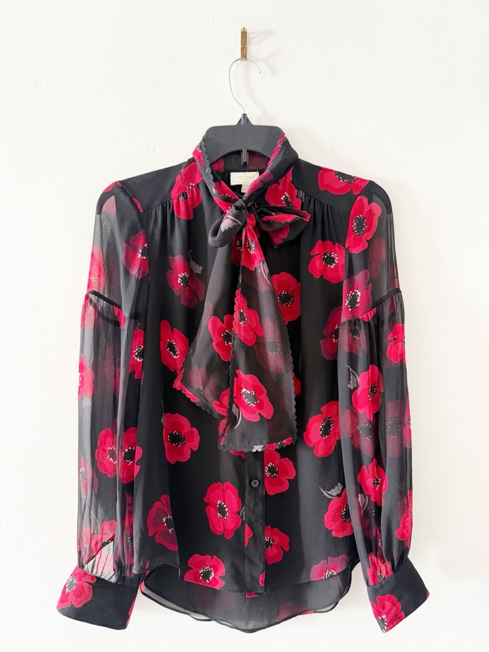 Kate Spade Silk Poppy Floral Print Neck Bow Long Sleeve Blouse